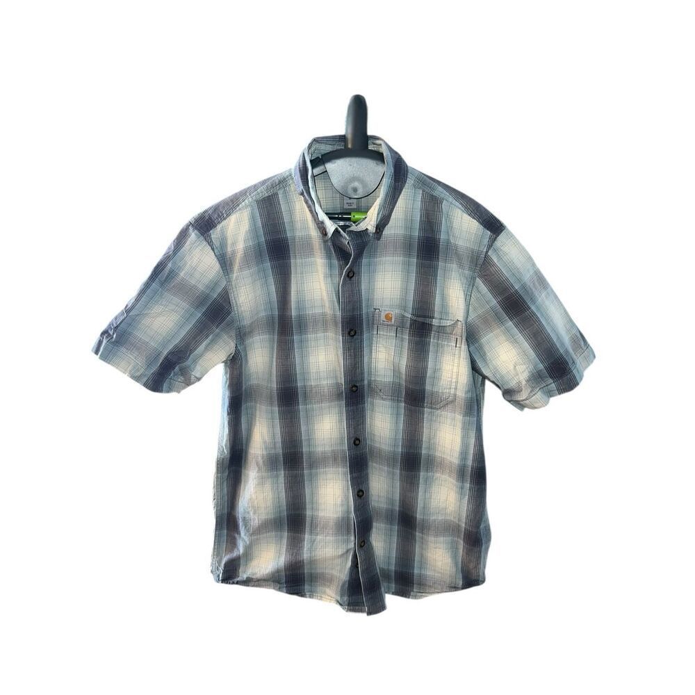 Carhartt Shirt Men's Medium Gray Plaid Relaxed Fit Short Sleeve Button Up Work